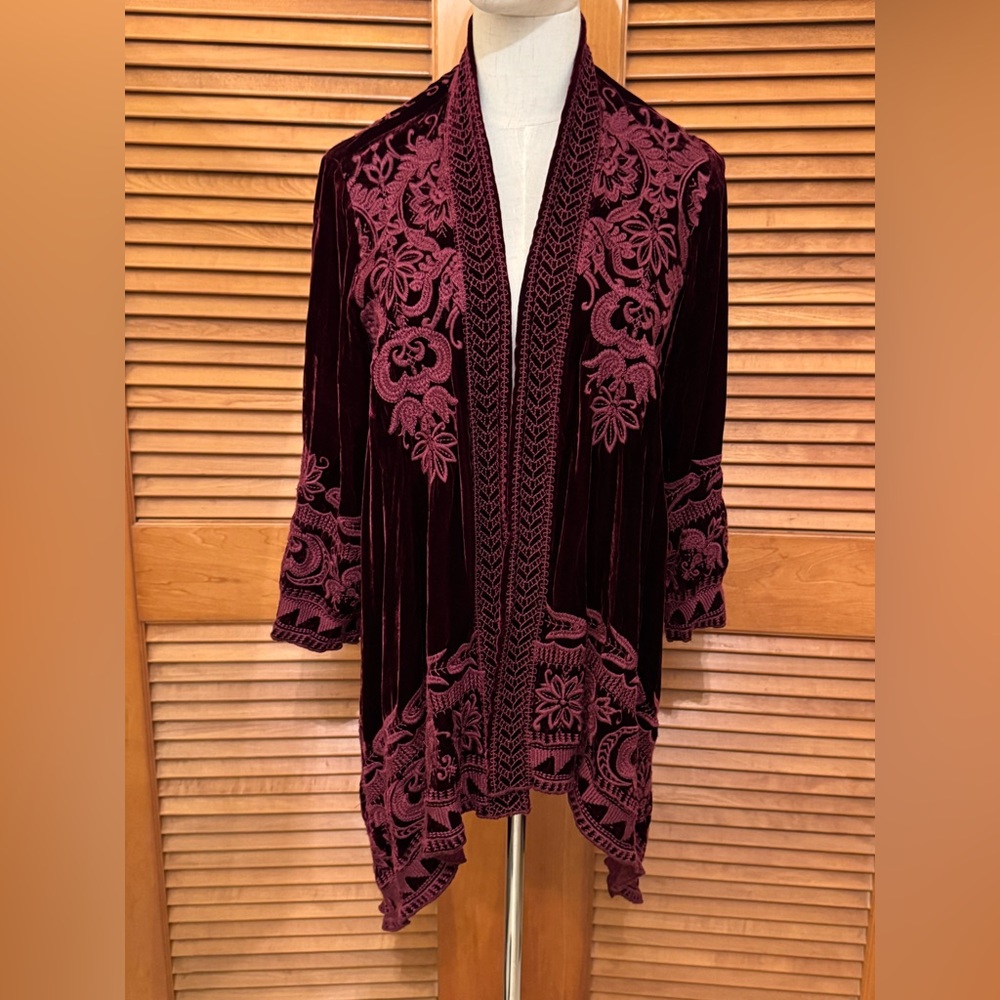Johnny Was Burgundy Hirsh Velvet Embroidered Cardigan Size S